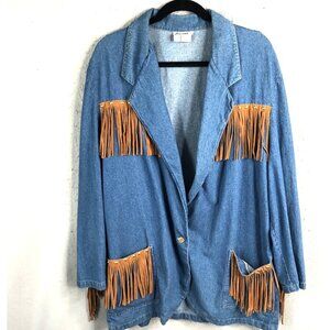 Vintage  Denim Blazer Womens Extra Large Blue Jean Western Rodeo Ranch Fringe